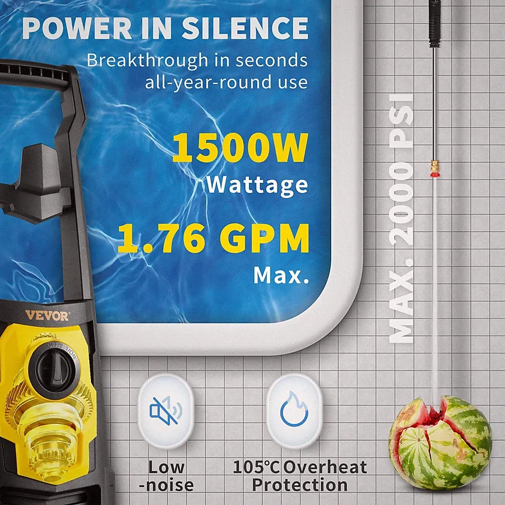 2000 PSI Electric Pressure Washer 1.76 GPM, 30 Ft Hose w/5 Nozzles Foam Cannon