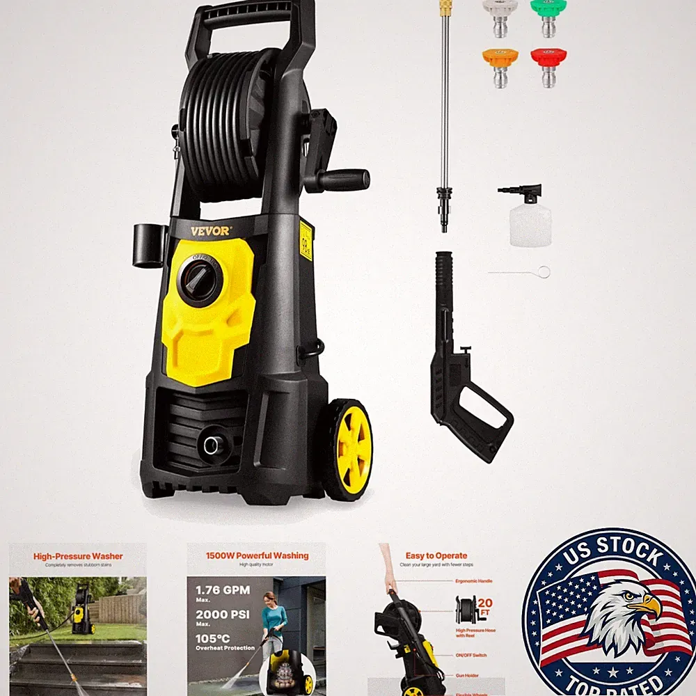2000 PSI Electric Pressure Washer with 30ft Hose Reel & Foam Cannon - Listed