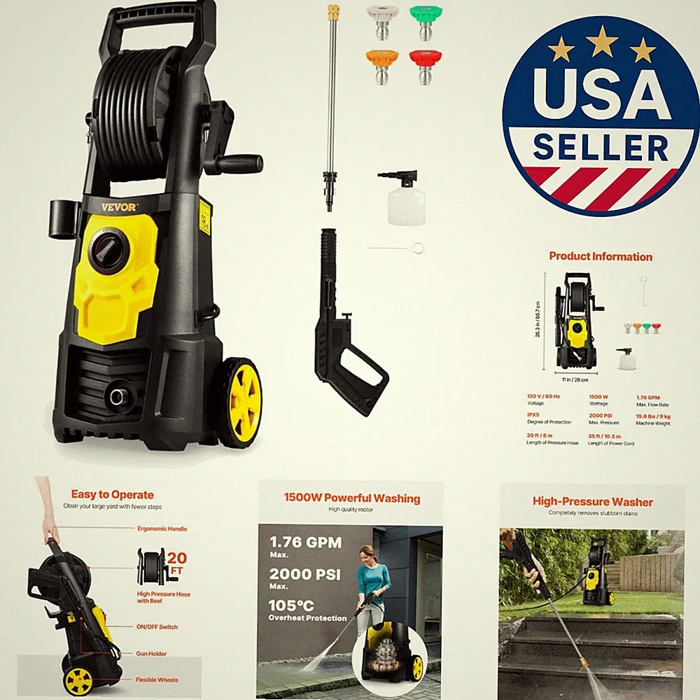 2000 PSI Electric Pressure Washer with 30ft Hose Reel & Foam Cannon - Listed