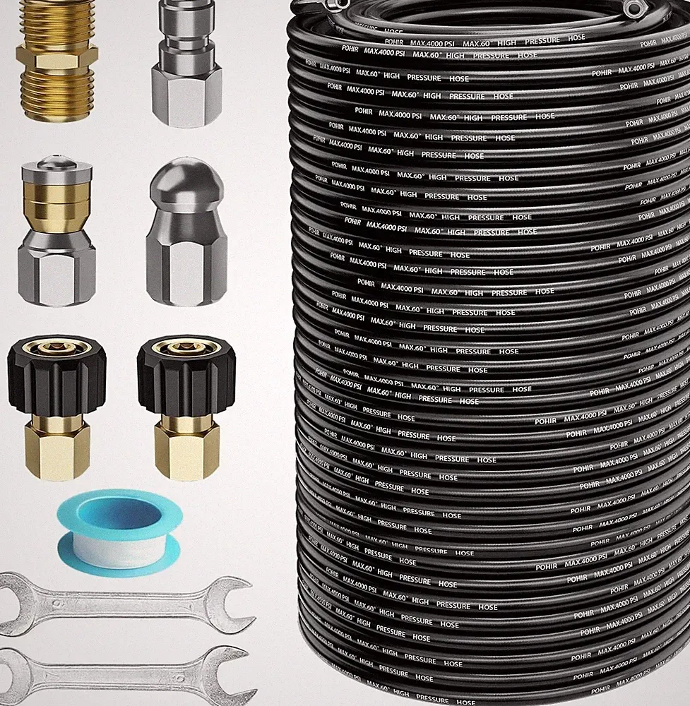 200FT Sewer Jetter Nozzles Kit 4000PSI Drain Cleaner Hose for Pressure Washer