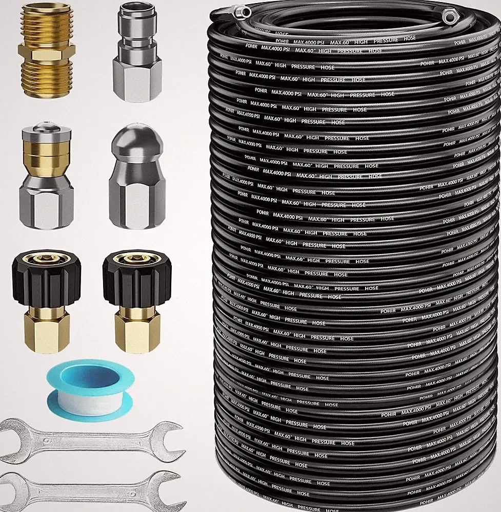 200FT Sewer Jetter Nozzles Kit 4000PSI Drain Cleaning Hose for Pressure Washer