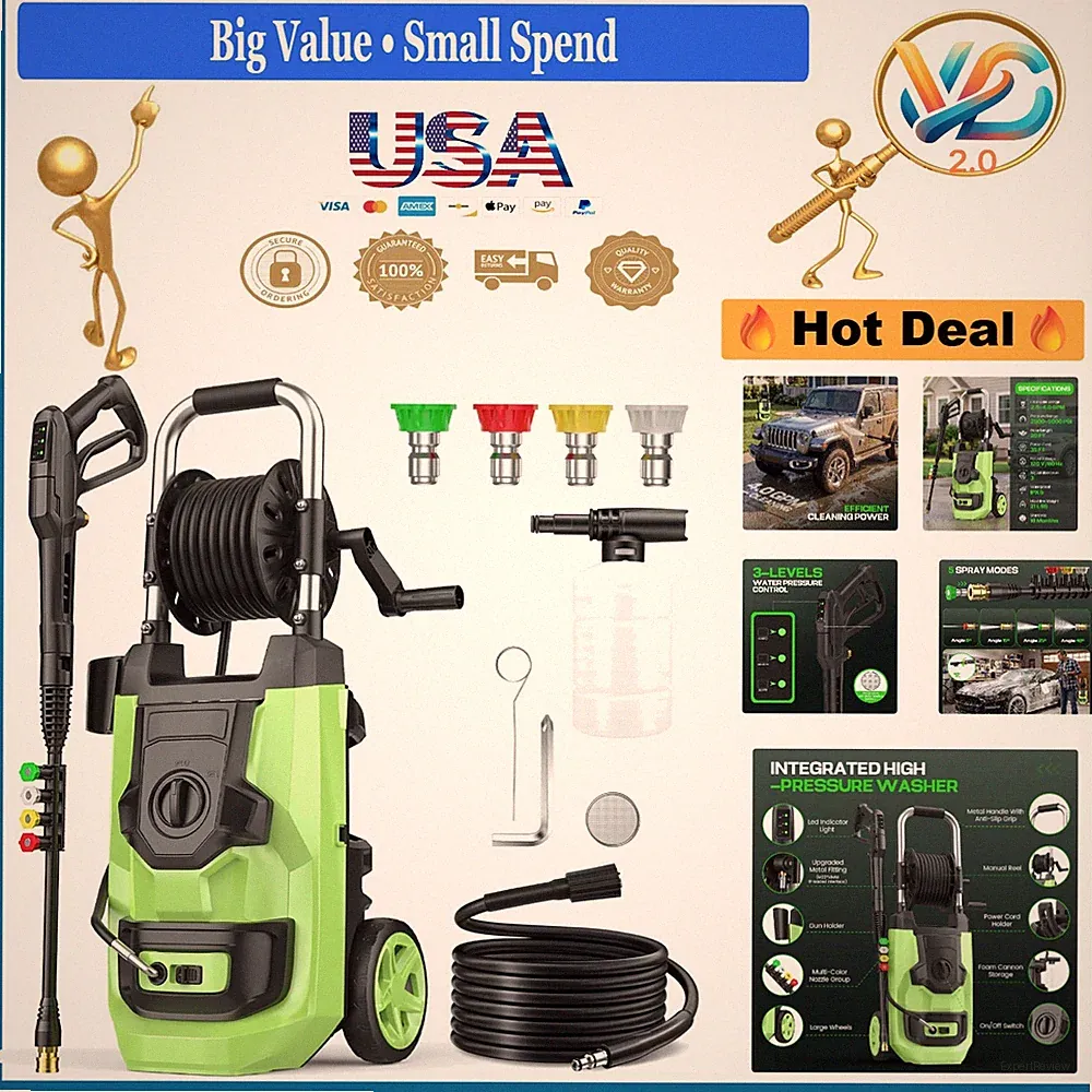 2026 Pressure Washer 5000 PSI Adjustable Nozzles Foam Cannon Portable Green
