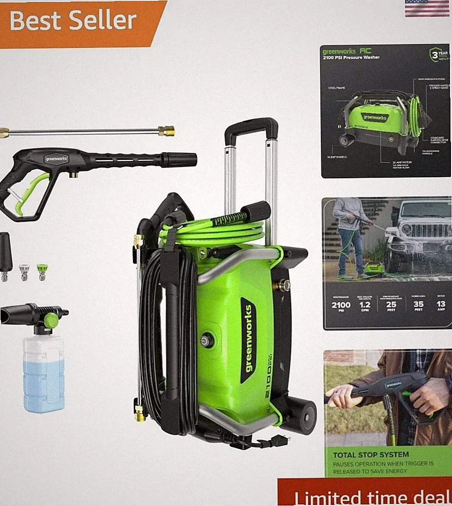 2100 PSI Compact Electric Pressure Washer with Telescoping Handle & Accessories