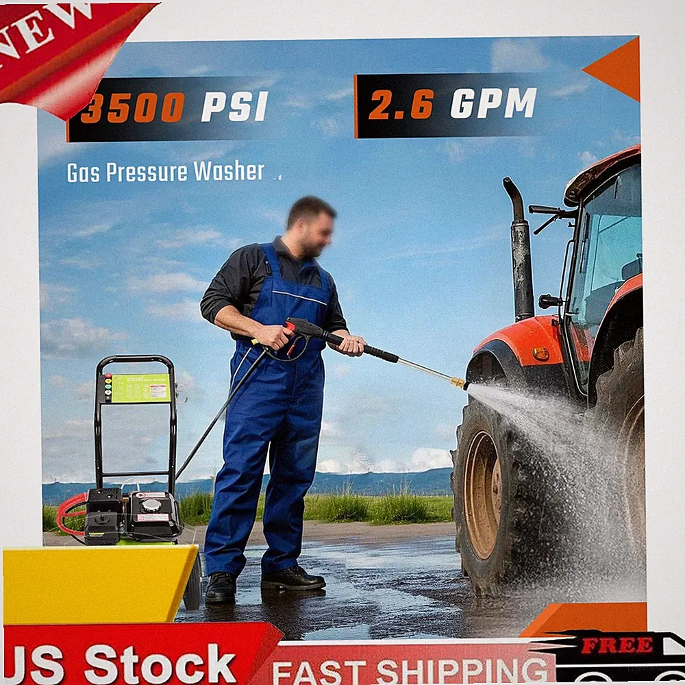212cc Gas Pressure Washer 3500 PSI 2.6 GPM Output 5 Spray Tips Green Housing