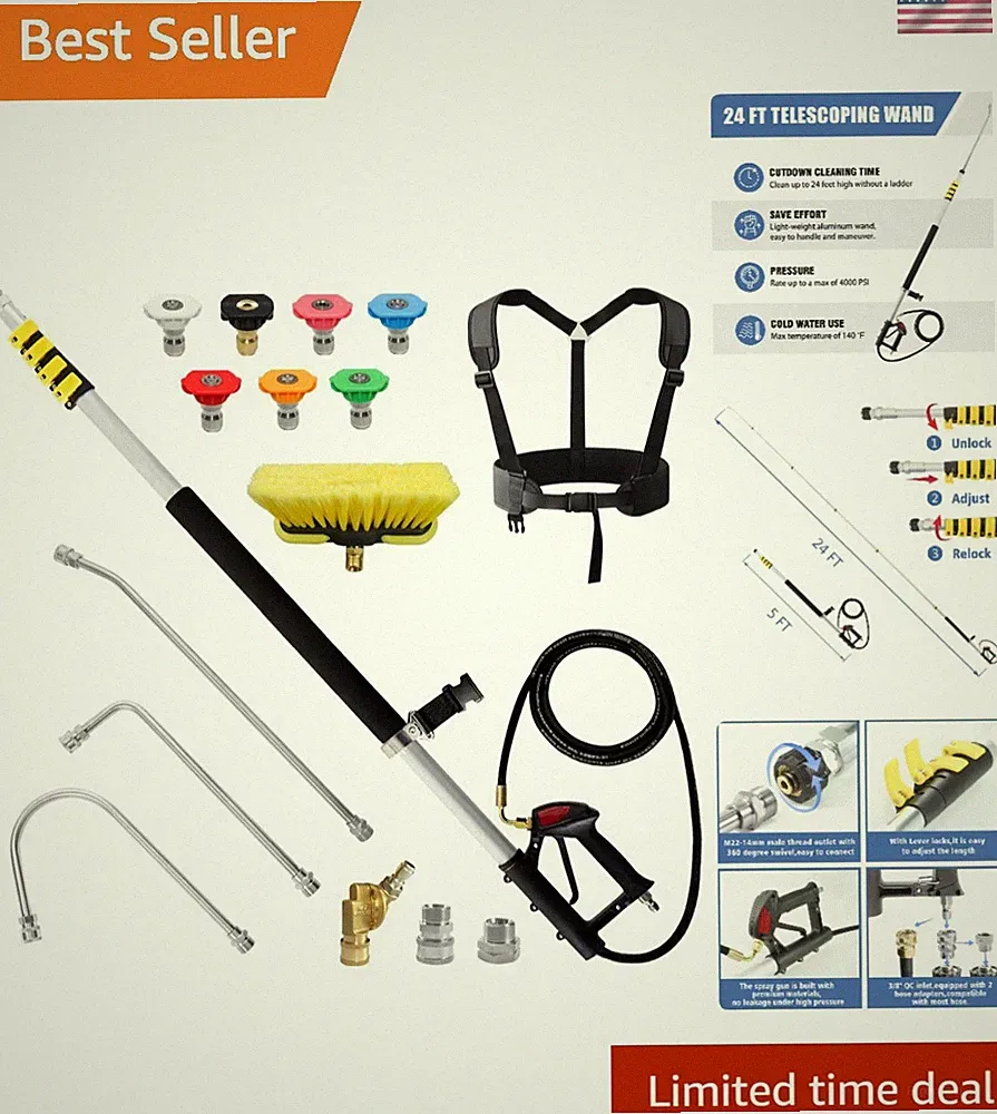 24 FT Pressure Washer Telescoping Wand with Power Washer Extension Wands, Bru...