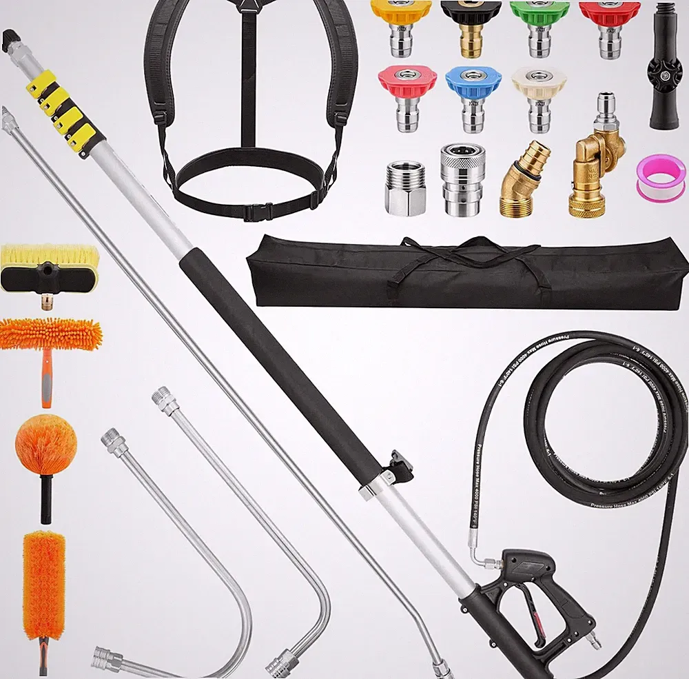 24 Ft Telescoping Pressure Washer Wand Kit, 4000 Psi | 4 Brush Heads, 3 Curved W