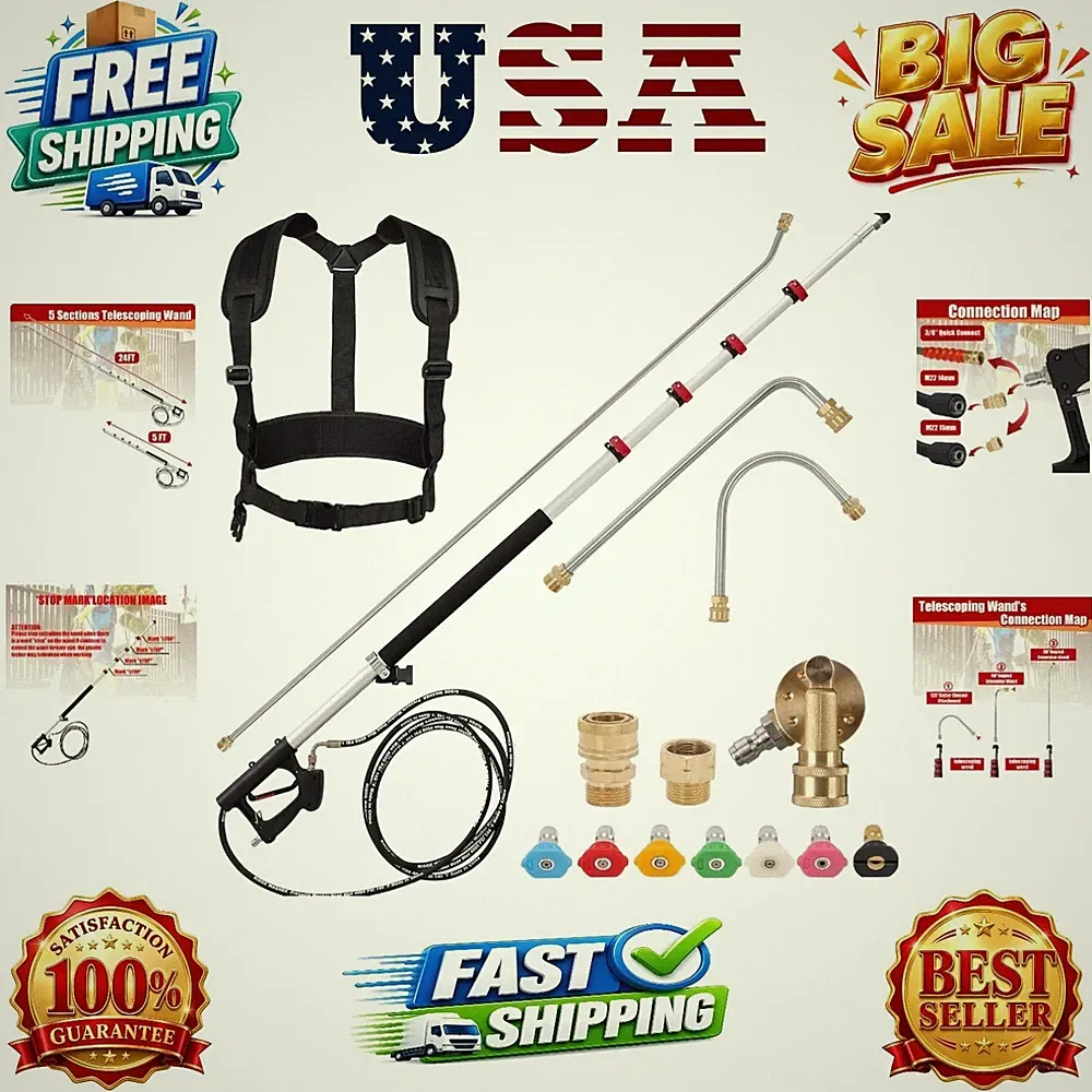 24 FT Telescoping Pressure Washer Wand, with 3 Curve Wands | Telescopic Gutte...