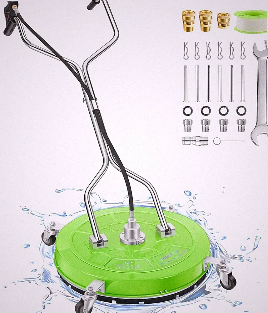 24“ Pressure Washer Surface Cleaner with 4 Wheels - Coated Green Dual Handle...