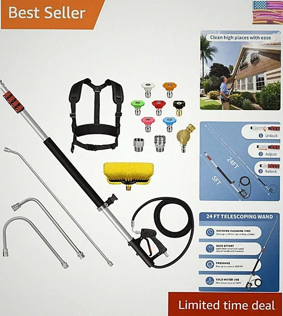 24FT Telescoping Pressure Washer Wand Kit - 2 Extension Poles, Gutter Cleaner...