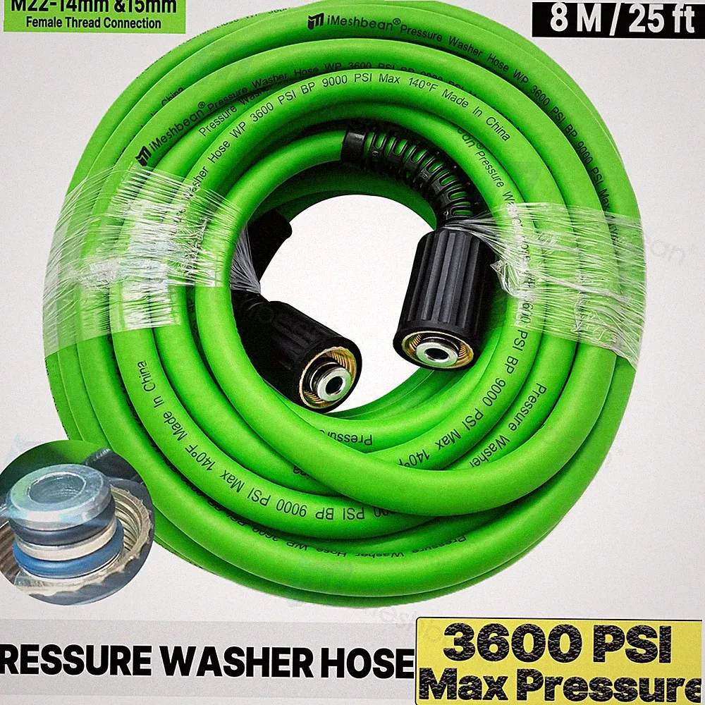 25 FT x 1/4" 3600 PSI Flexible Pressure Washer Replacement Hose M22 14mm & 15mm