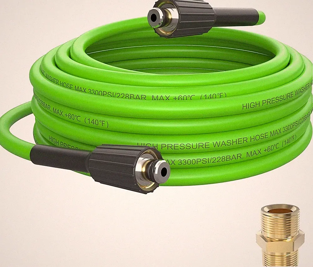 25 Ft x 1/4 Inch 3300 PSI PVC Pressure Washer Hose M22-14mm Brass Green