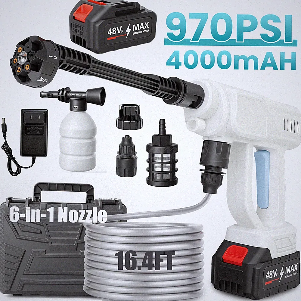 25000RPM Cordless Pressure Washer Handheld Car Wash Gun 6-in-1 Nozzle 970PSI