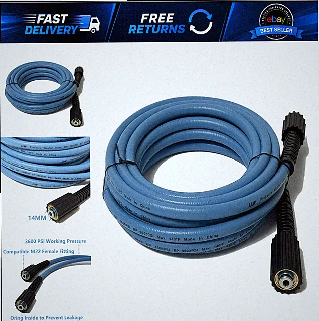 25FT 1/4" High Pressure Washer Hose 3600PSI M22 14mm Replacement for Power