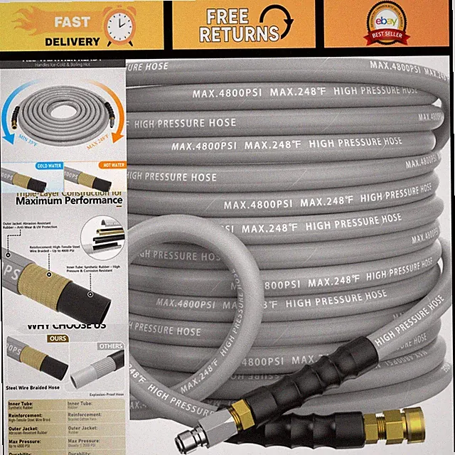 25FT 3/8" ID High-Pressure Washer Hose 4800PSI, Steel Wire Braided Durable Hose