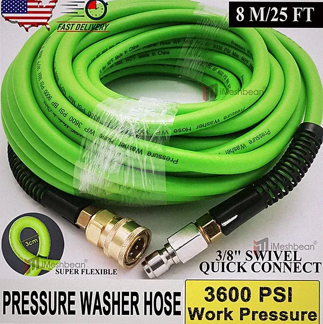 25ft 3/8" Pressure Washer Hose Green Super Flexible Kink Free Extension 3600psi
