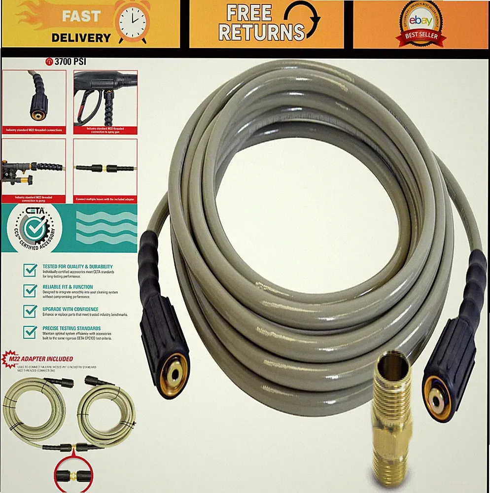 25ft 5/16" 3700 PSI Cold Water Pressure Washer Hose, M22, Kink Resistant, Max Te