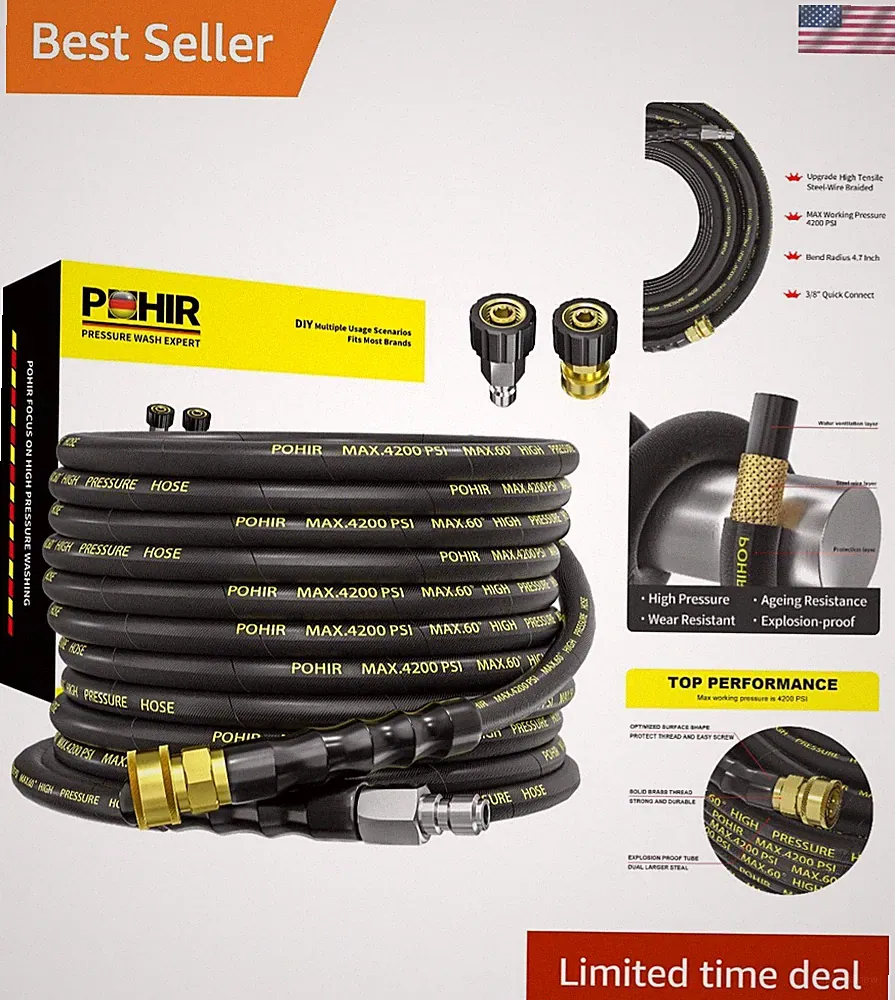 25FT Heavy Duty Power Washer Hose - 16000 PSI Burst Pressure & Flexible Design