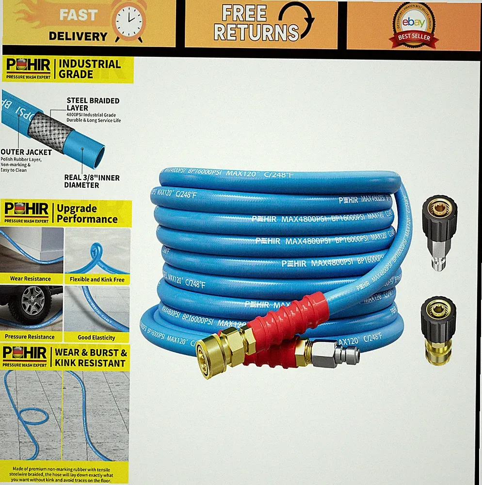 25ft Kink-Free Pressure Washer Hose 3/8" 4800 PSI, Quick Connect, Hot/Cold Water