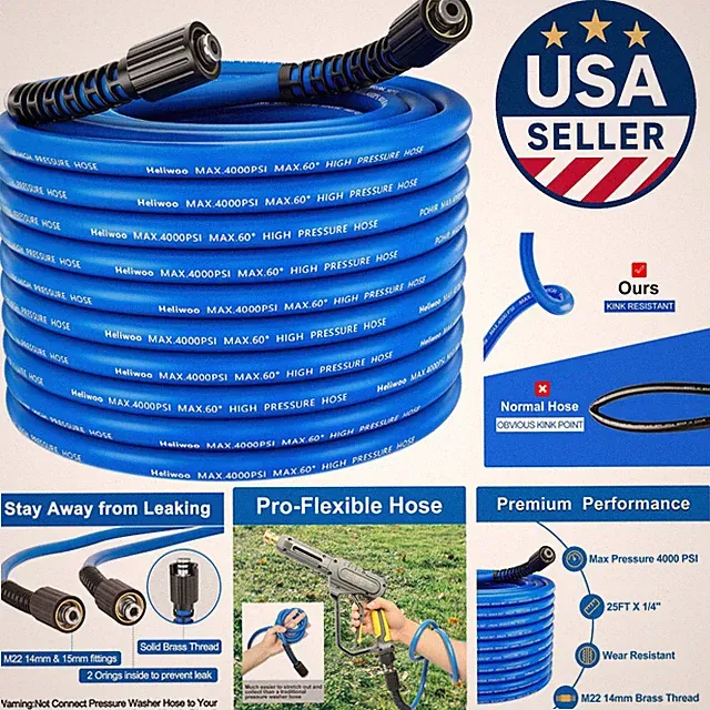 25FT Kink-Free Pressure Washer Hose - 4000 PSI, Universal M22 Connectors