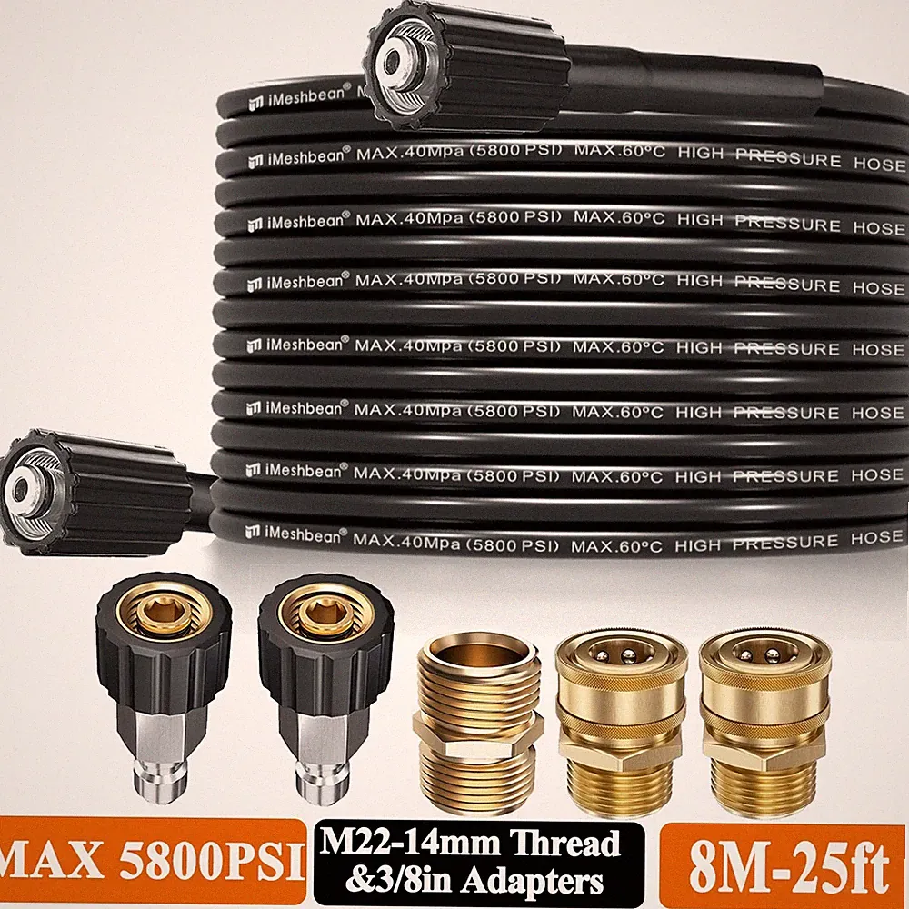 25FT Pressure Washer Hose 1/4" Replacement Power Wash Hose M22 & 3/8" QC Adapter