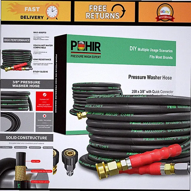 25ft Pressure Washer Hose 3/8" ID 4800PSI Non-Tangle Power Washing Accessory