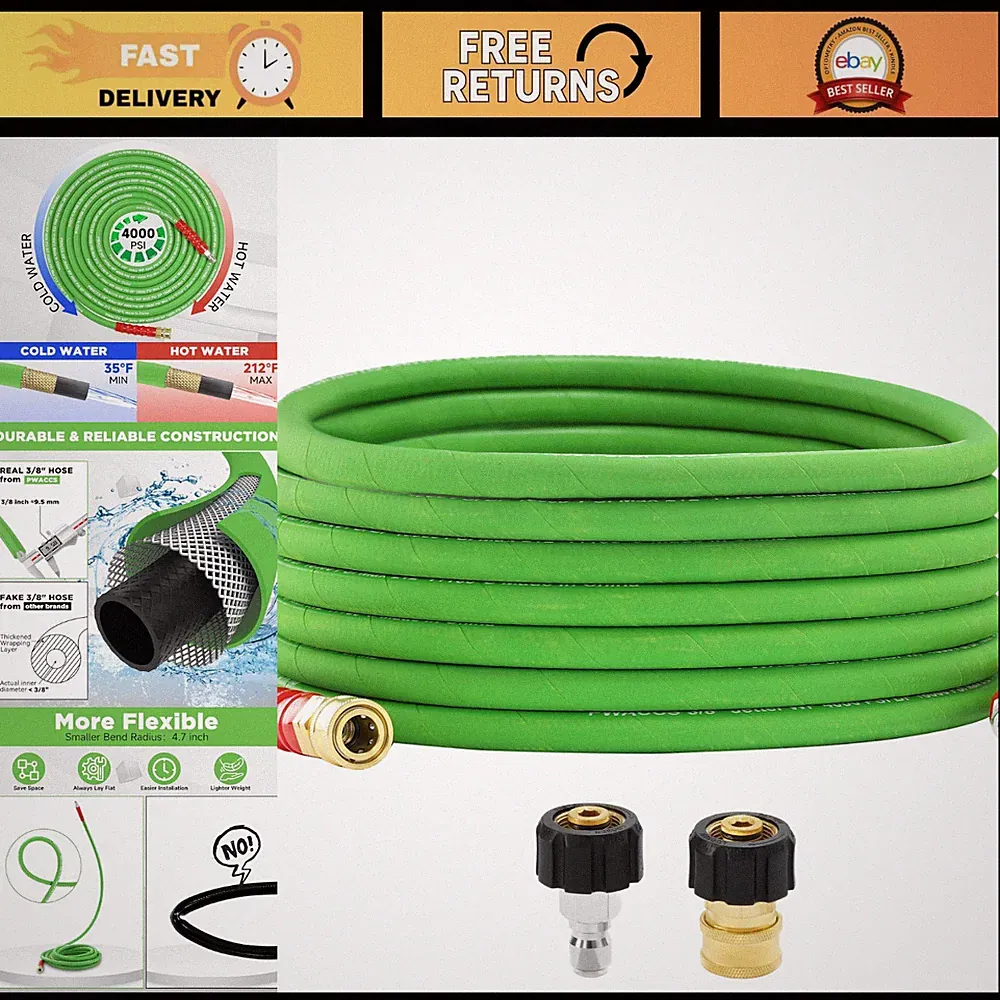 25FT Pressure Washer Hose 3/8" Kink-Resistant Hot/Cold Water Durable Extension
