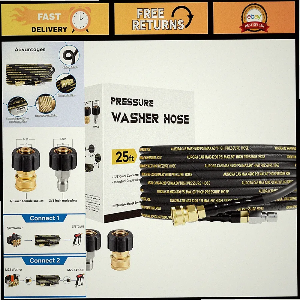 25FT Pressure Washer Hose, 3/8" Quick Connect, Steel Wire Braided, Durable & Fle