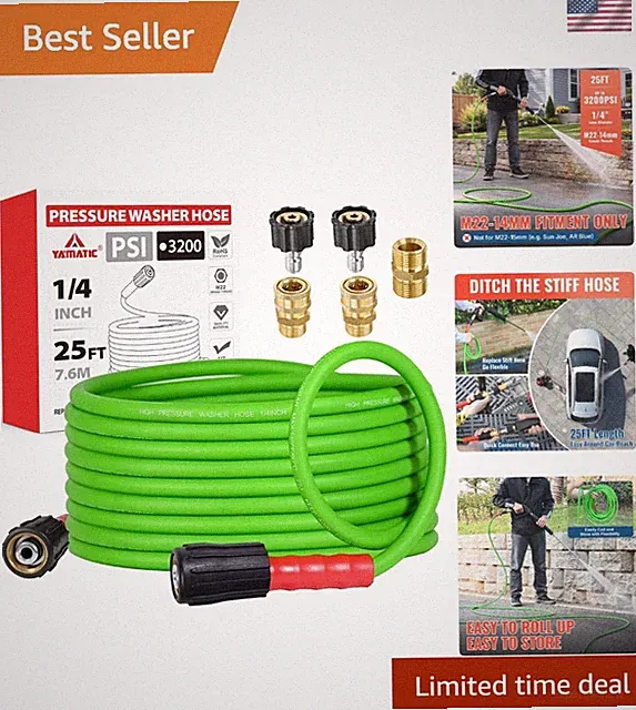 25FT Pressure Washer Hose - Flexible, Leak-Free & Rated 3200 PSI for Durability