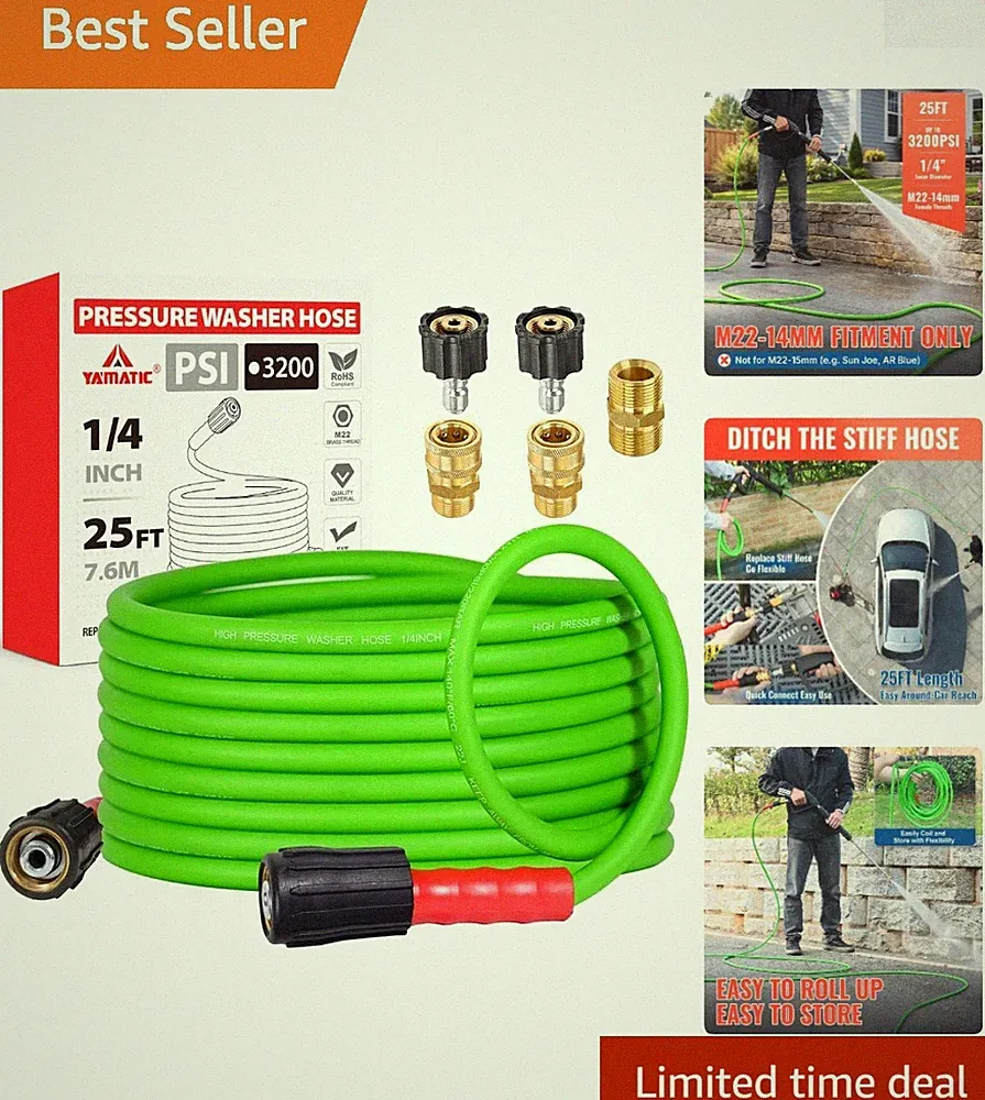 25FT Pressure Washer Hose with M22-14mm Connectors, 3700 PSI Rated