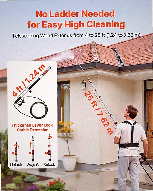 25FT Telescoping Pressure Washer Wand, 4000 PSI, Hose, 7 Nozzles