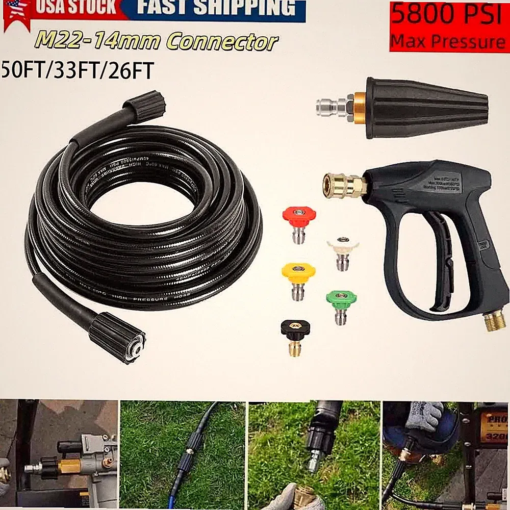 26-50FT High Pressure Washer Hose+turbine nozzle+High pressure water gun