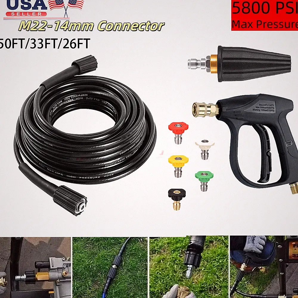 26FT/33FT/50FT Pressure Washer Hose+High pressure water gun+rotating nozzle kit.
