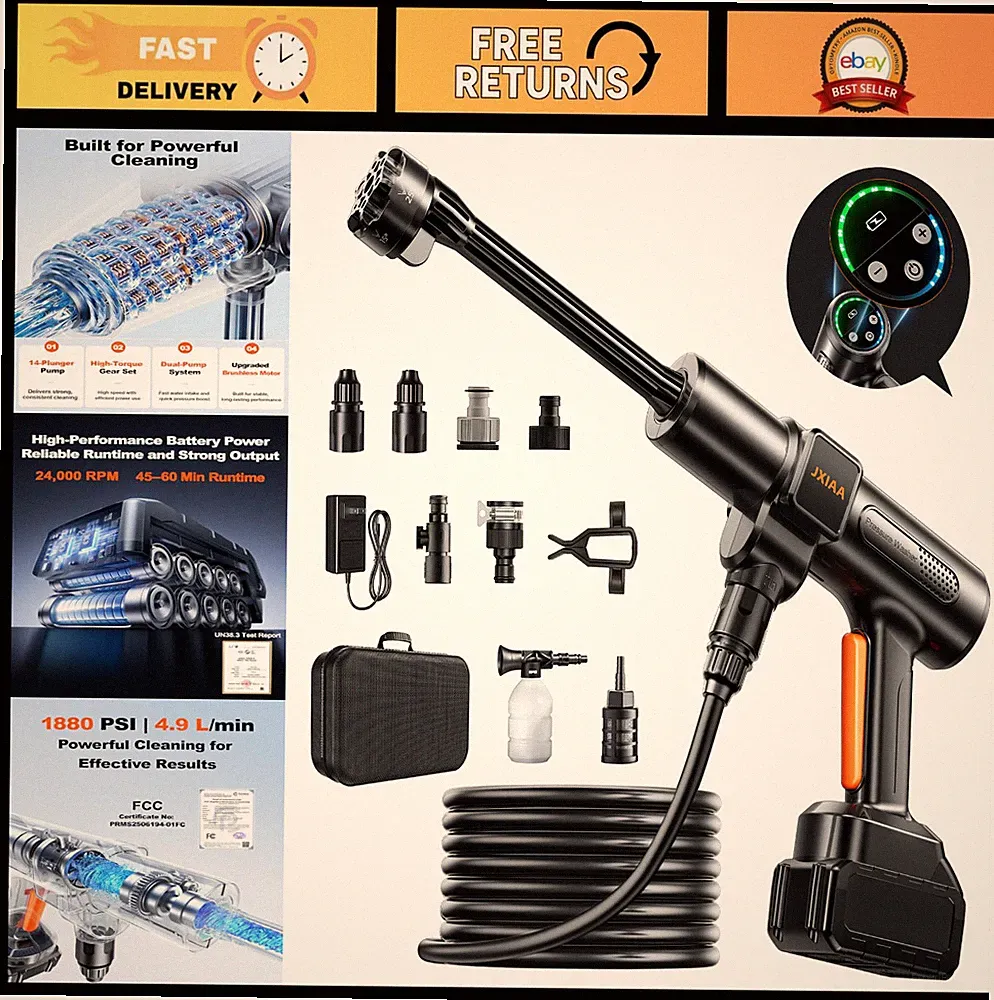 3.0 GPM Battery Pressure Washer, 6-in-1 Nozzle, Foam Cannon & 32ft Hose