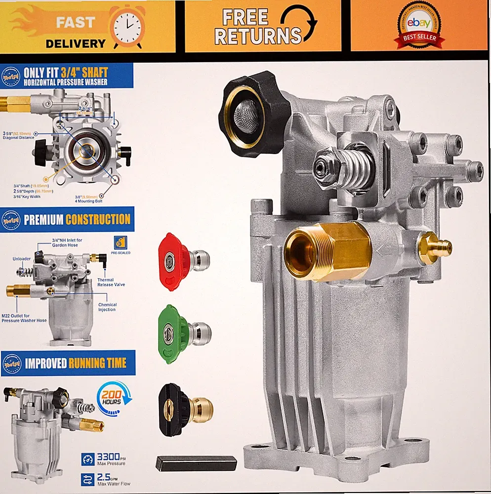 3/4" Shaft Horizontal Pressure Washer Pump, 2600-3300 PSI, 2.5 GPM - Gas Power W