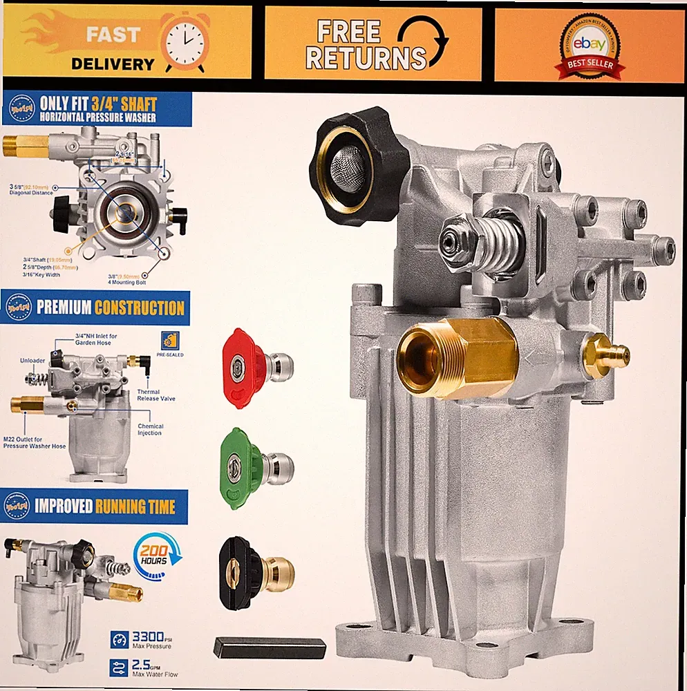 3/4" Shaft Horizontal Pressure Washer Pump 2600-3300 PSI 2.5 GPM - Gas Power Was
