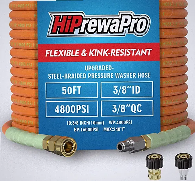 3/8" ID Pressure Washer Hose 50 Ft, 4800 PSI Steel-Braided & Durable - Flexible