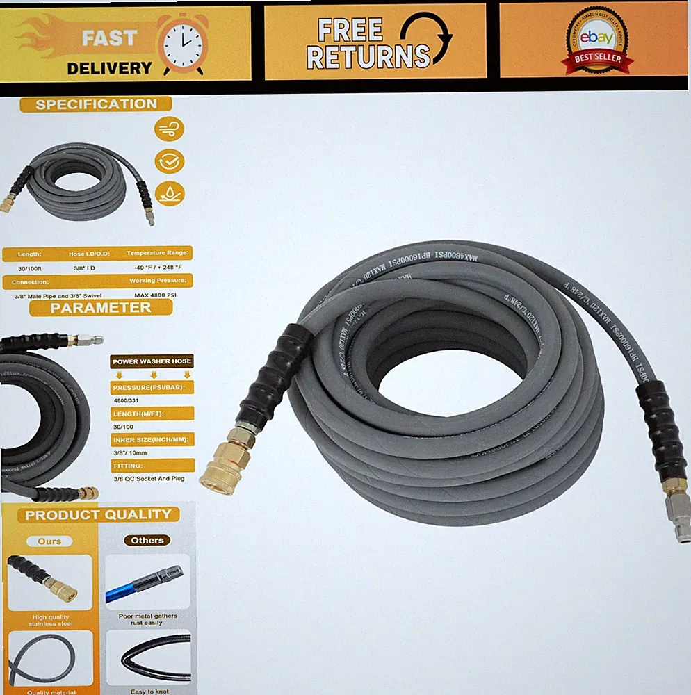 3/8" Pressure Washer Hose 100FT 4800 PSI Non-Marking Hot Water Quick Connect Gra