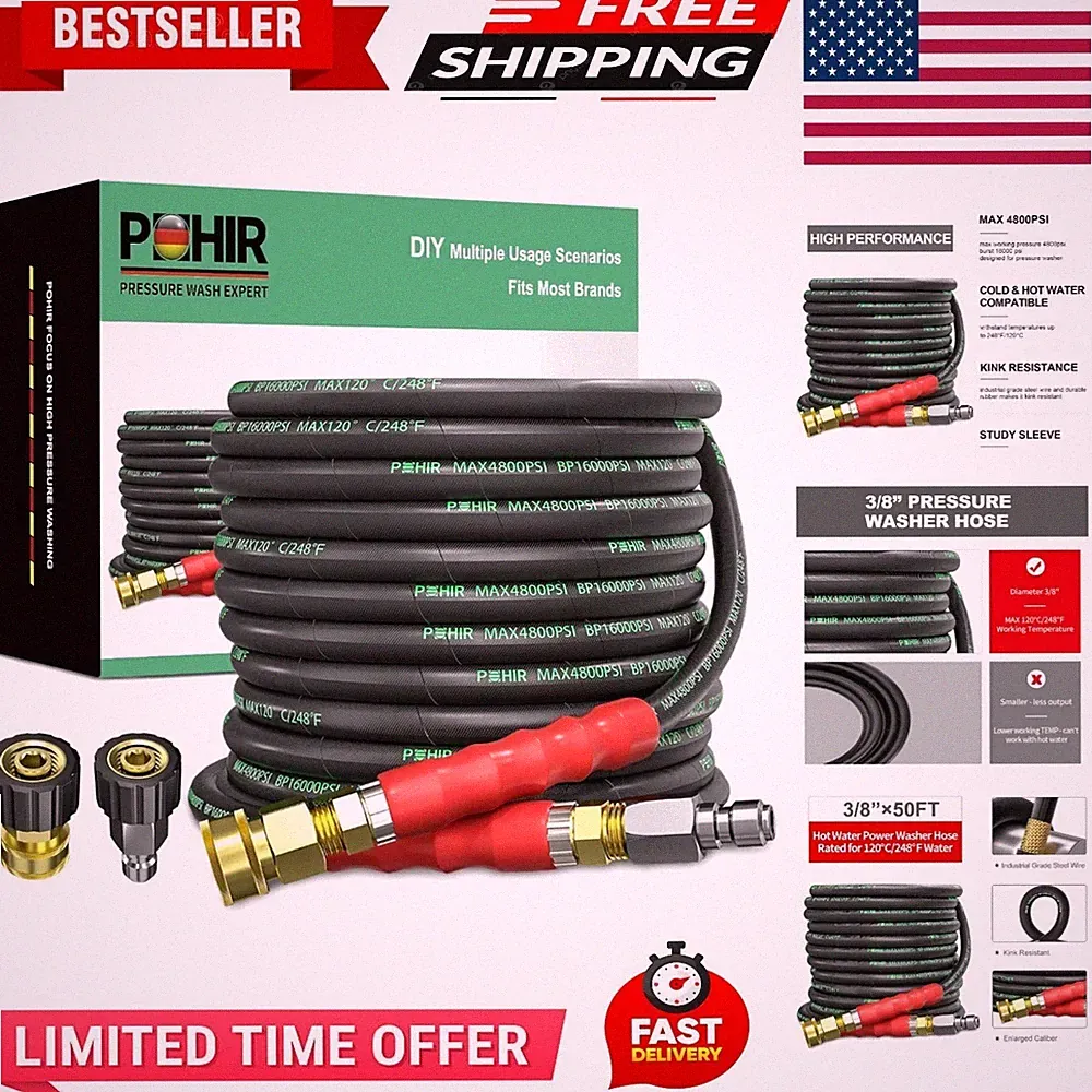 3/8" Pressure Washer Hose 50 FT for Cold and Hot Water Max 248°F with Quick C...