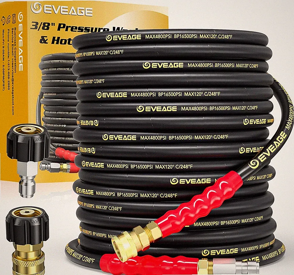 3/8" Pressure Washer Hose 50Ft, 4800PSI Industry Grade Steel Wire Braided & Synt