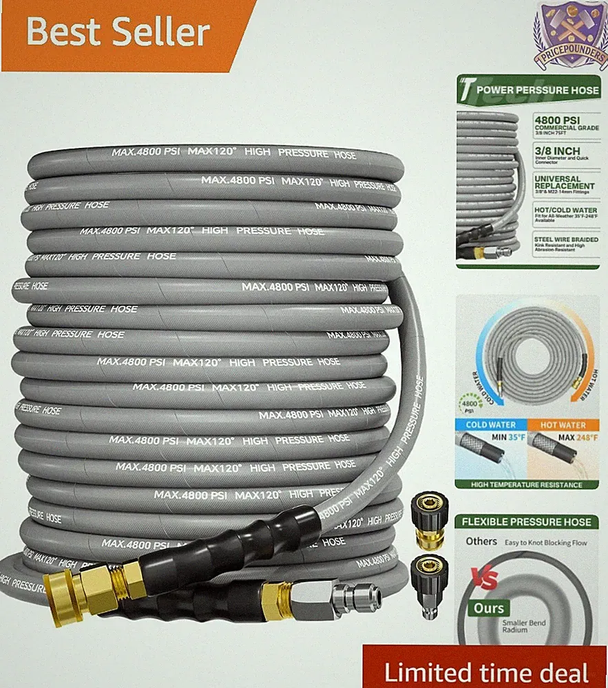 3/8" Pressure Washer Hose 75FT Steel Braided Cold Hot Water Kink Resistant