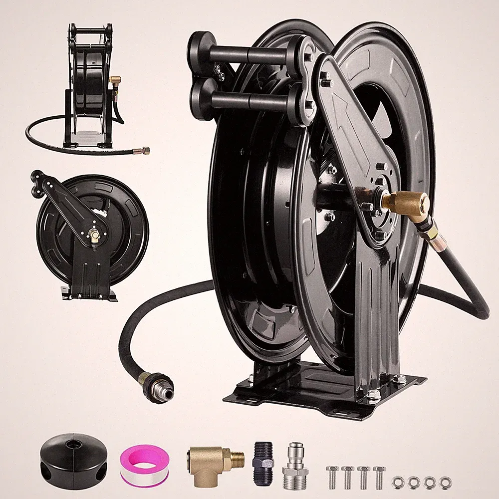 3/8" x 50 ft Auto-Rewinding Retractable Power Heavy-Duty Steel Washer Hose Reel
