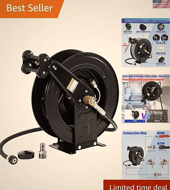 3/8" x 50 FT Heavy Duty Pressure Washer Hose Reel - 4000 PSI Capacity
