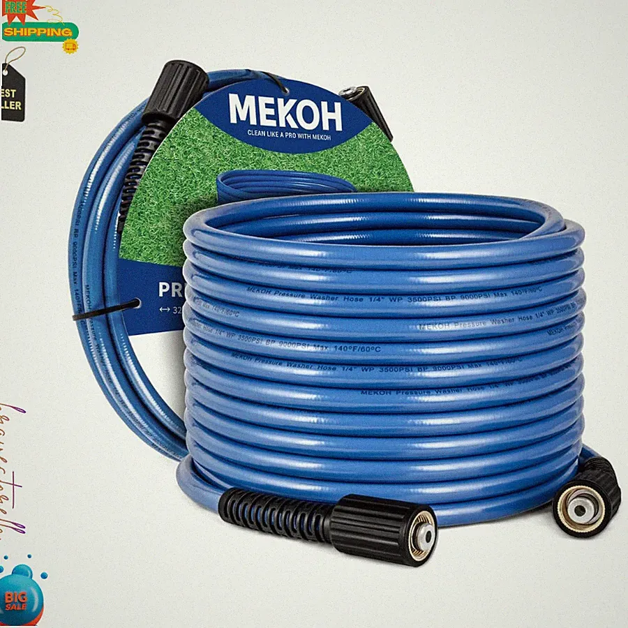 32 Ft 1/4 Inch 3400 PSI Pressure Washer Hose M22-14mm Brass Fitting Kink Free
