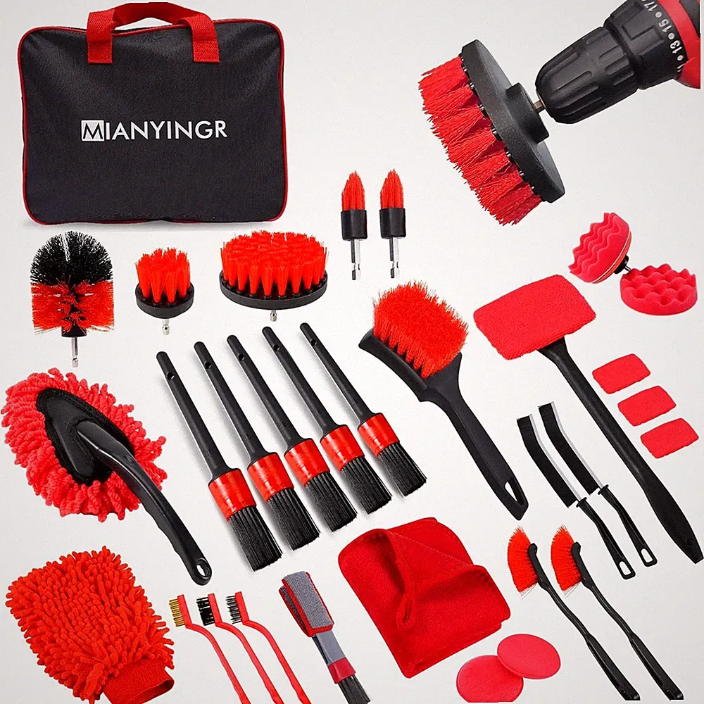 32Pcs Red Car Detailing Kit Brush Set Cleaning Kit Drill Brush Polish