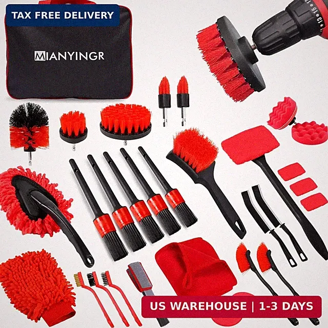 32Pcs Red Car Detailing Kit - Brush Set & Cleaning Kit with Drill Brush, Polishi