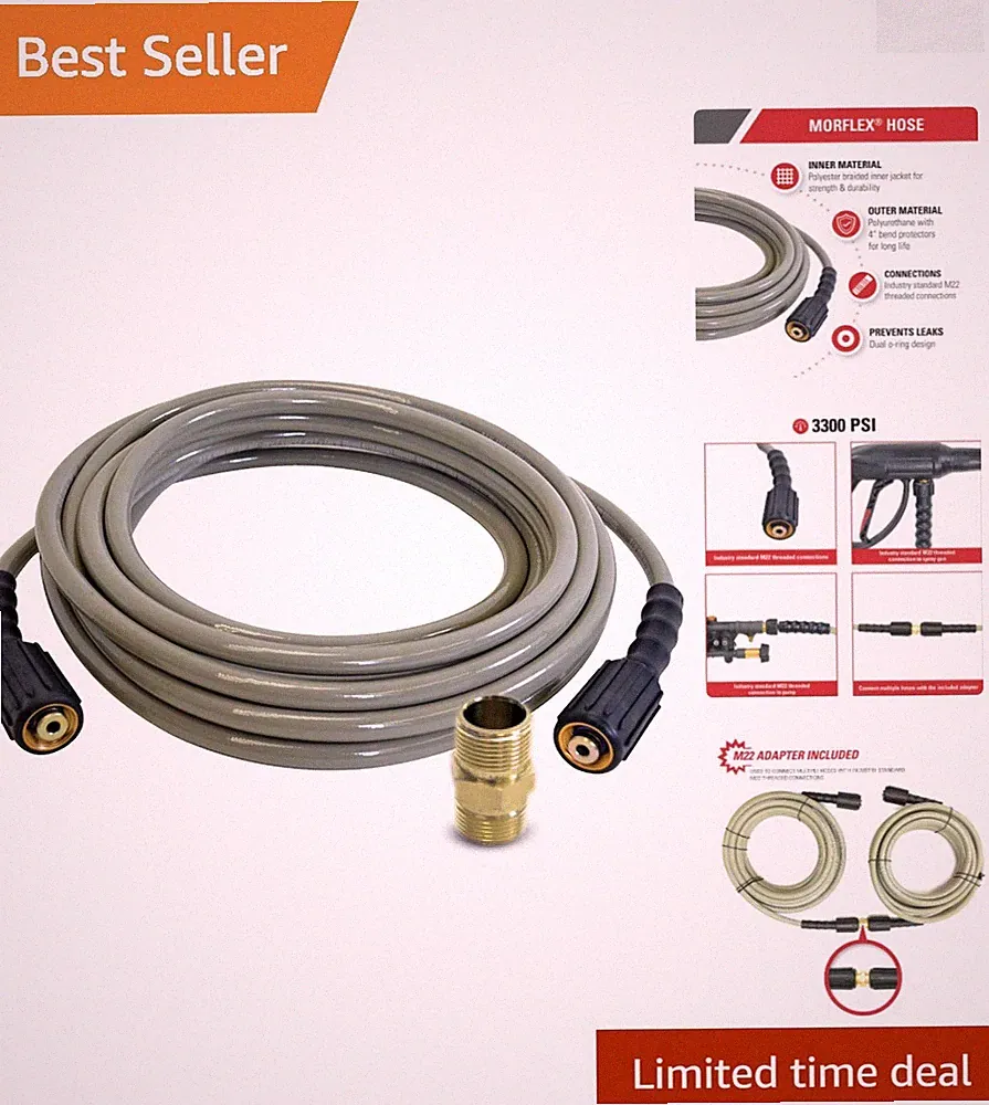 3300 PSI MorFlex Series Pressure Washer Hose - 25 Feet, Cold Water Compatible