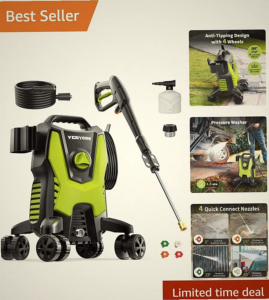 3500 PSI Power Washer with 4 Lockable Wheels & Foam Cannon - Effortless Cleaning
