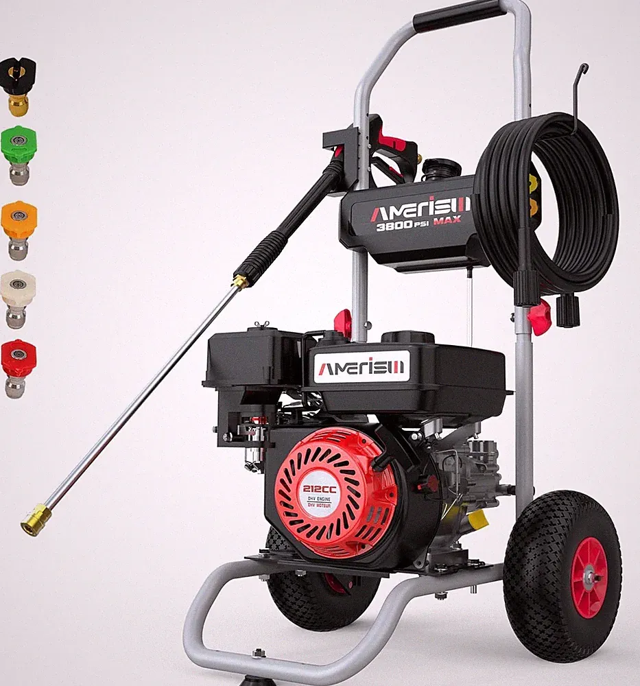 3800 PSI Gas Pressure Washer, 212CC Engine, 5 Nozzles, 10" Wheels