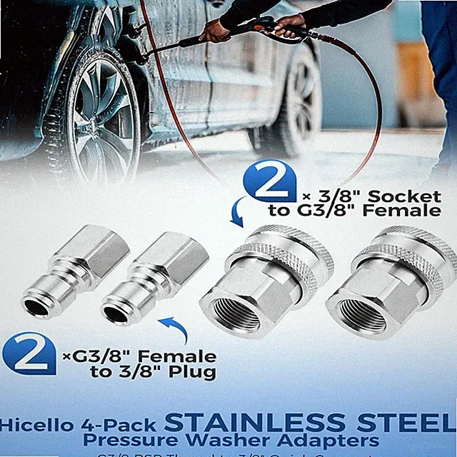 4× G3/8 Male and Female Threaded Adapters Stainless Steel Pressure Washer Parts