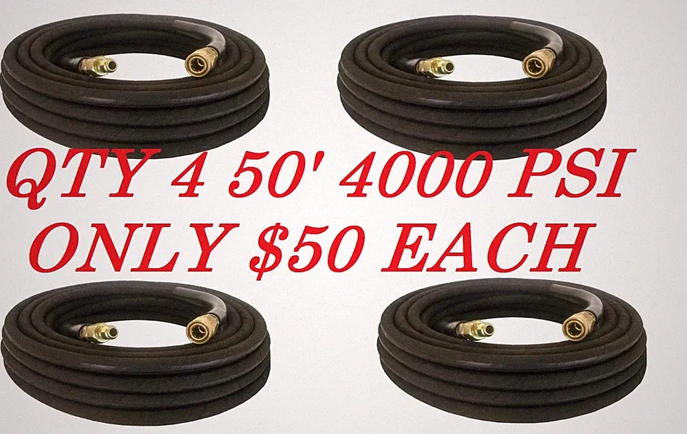 4-Pressure Washer Hose 50' w/ Couplers - 4000 PSI BLACK Wire Braid FREE SHIPPING